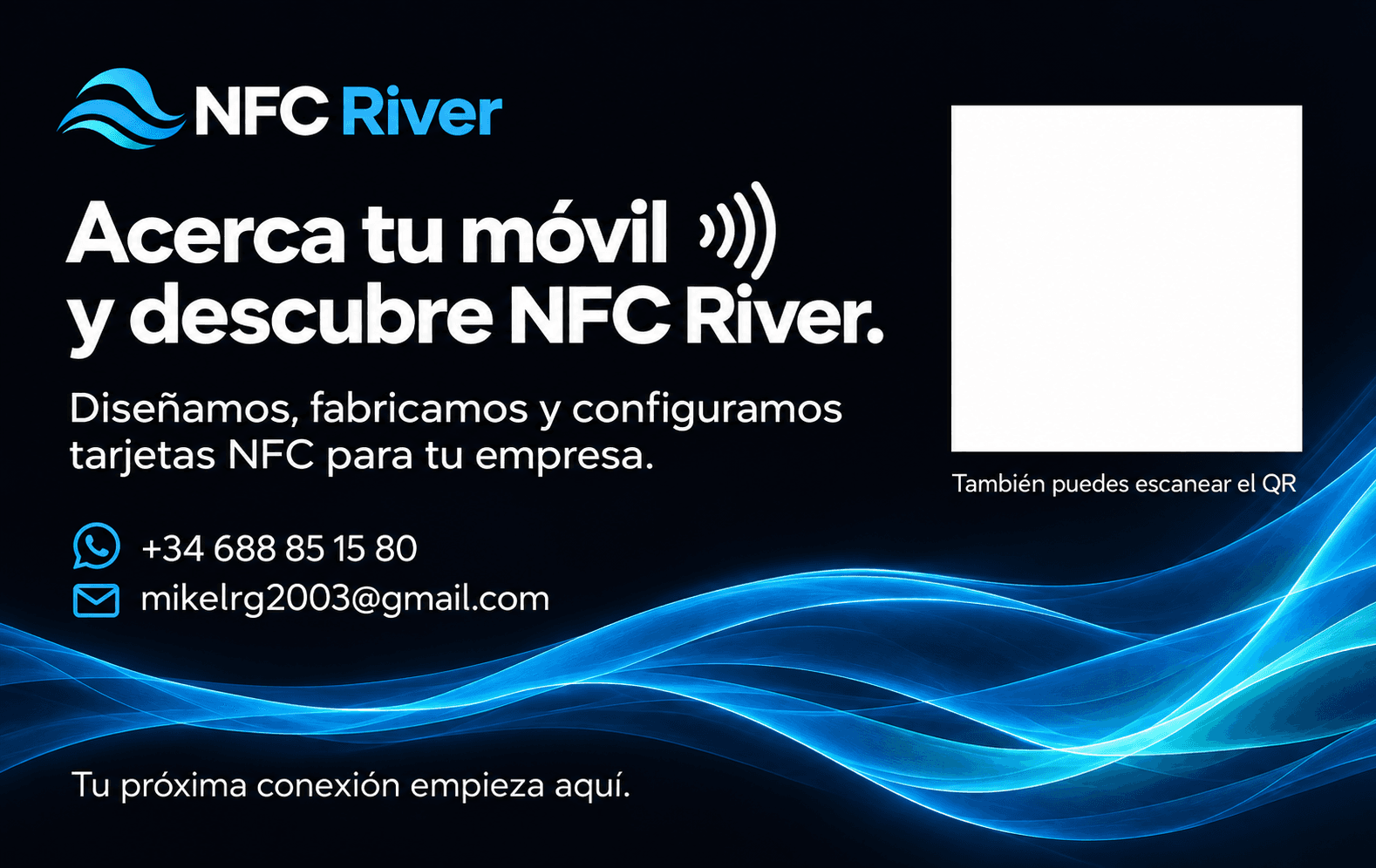 Reverso horizontal de NFC River, con instrucciones NFC y contacto. QR pendiente.
